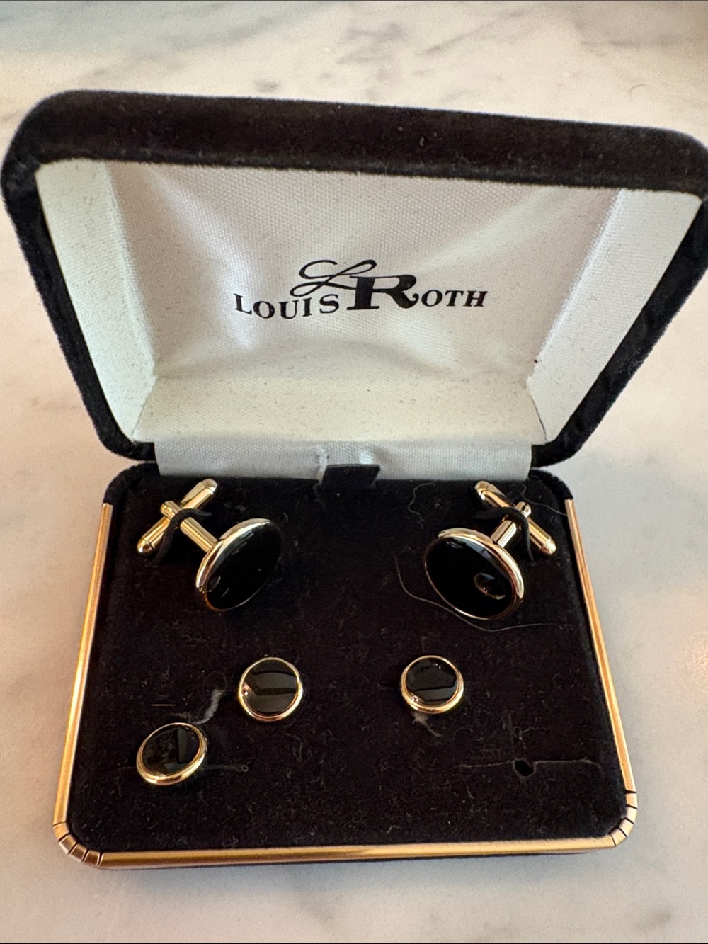 Louis Roth Black and Gold Oval Cufflinks with Matching Studs